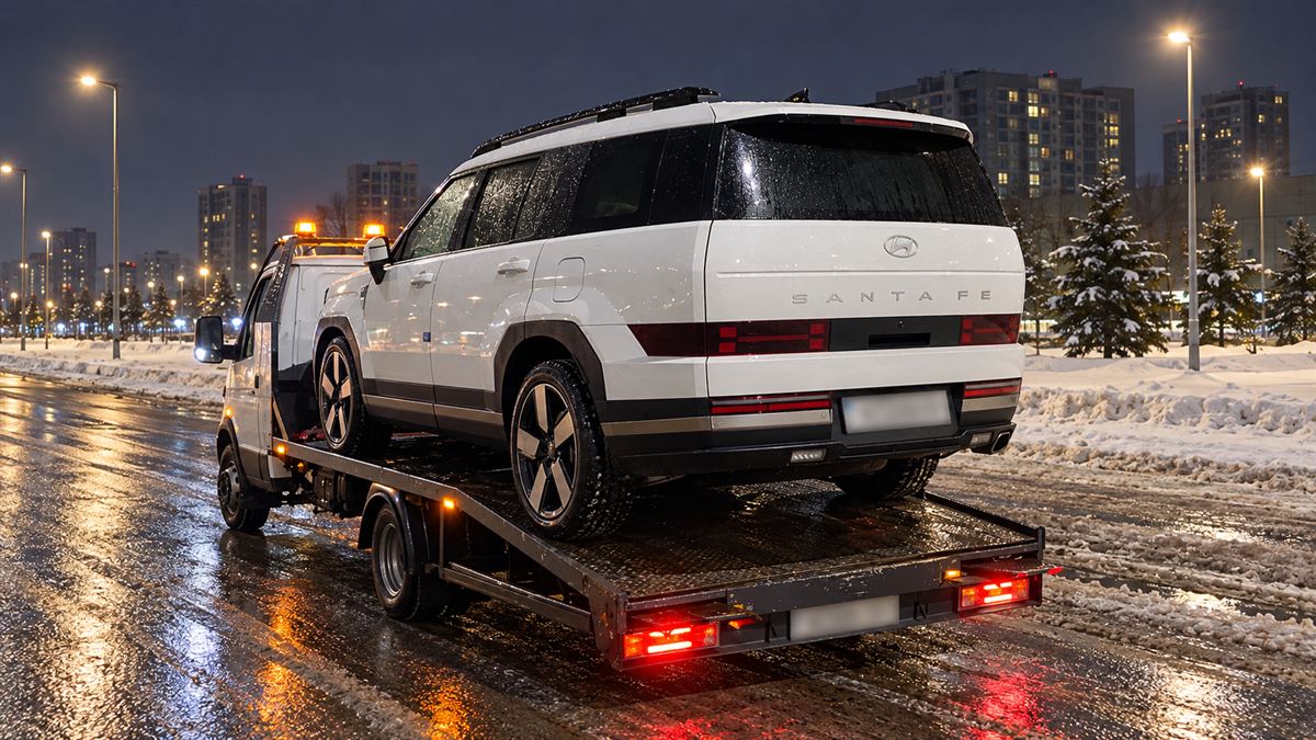 Hyundai Santa Fe на эвакуаторе зимней ночью