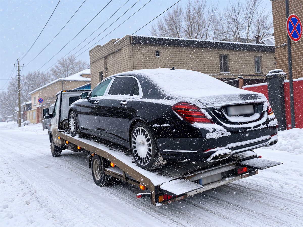 Mercedes на эвакуаторе в снегопад