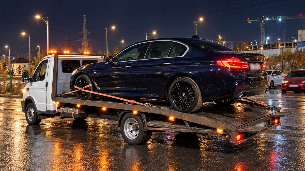 Эвакуатор с BMW 5 серии ночью